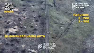 Russian Assault Infantry repeatedly hit by Ukrainian FPV Drones of the UAV-Systems Battalion, 3rd Assault Brigade. Ukraine, Avdiivka Area, 2024.