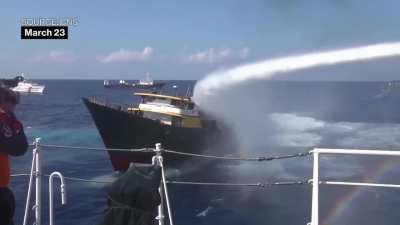China Coast Guard POV of their high-powered watercannon onslaught of the Philippine resupply boat "Unaiza Mae 4"..