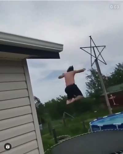 Trying to jump from roof to trampoline to pool