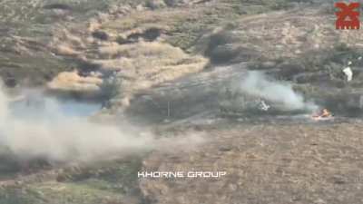 UA 116th Mechanized Brigade's "Khorne" drone team witnessed a pair of Russian armored vehicles destroyed in under a minute (along with their landing parties), one hitting a mine and the other struck by a Javelin ATGM. Avdiivka direction. [Archival] Publis
